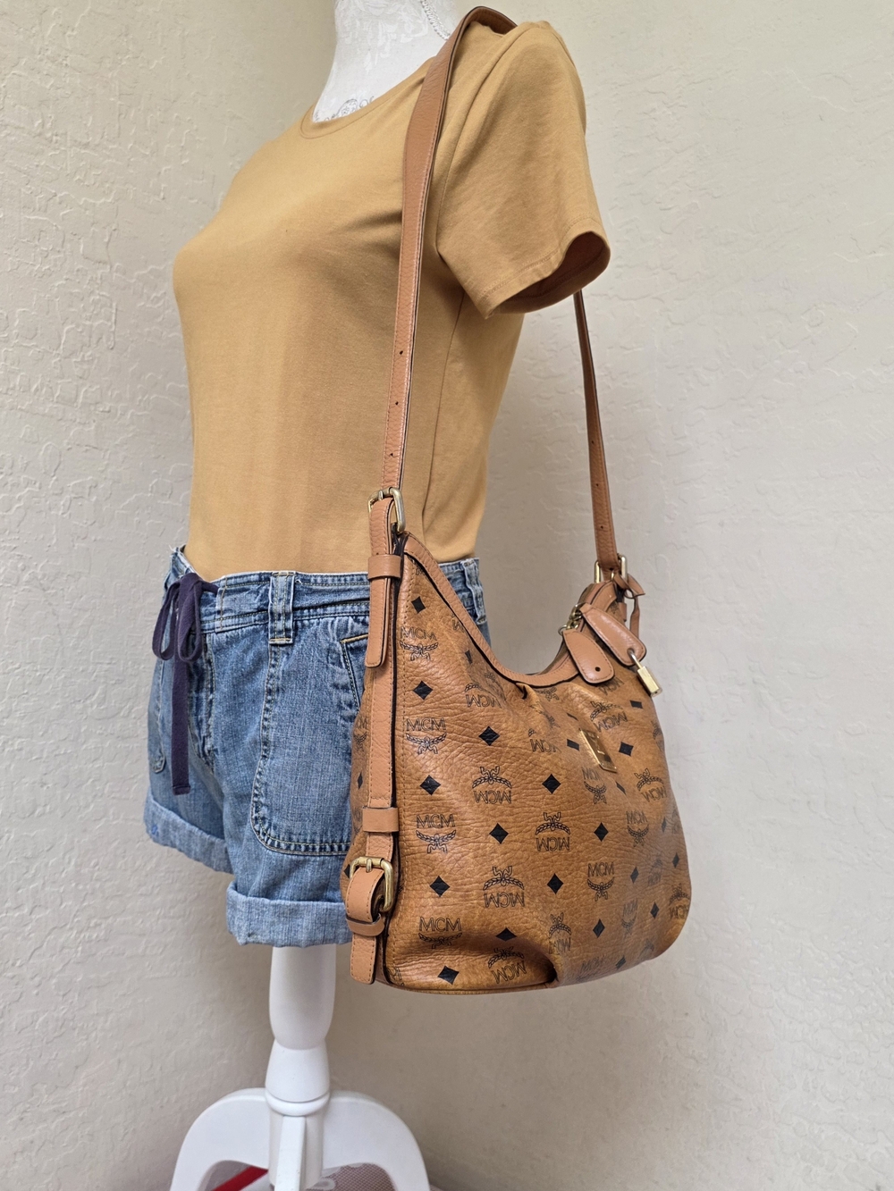 MCM Cognac Monogram With Padlock And Keys Shoulder Bag AUTHENTIC